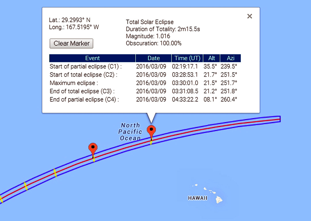 Eclipse 2016 - A36-Path and Circumstanses Northwest of Hawaii