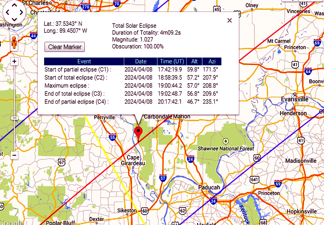 Eclipse 2024 - E14-Detailed Path and Circumstances near Carbondale