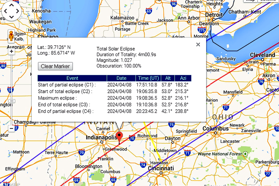 Eclipse 2024 - E20-Path and Circumstances Near Indianapolis